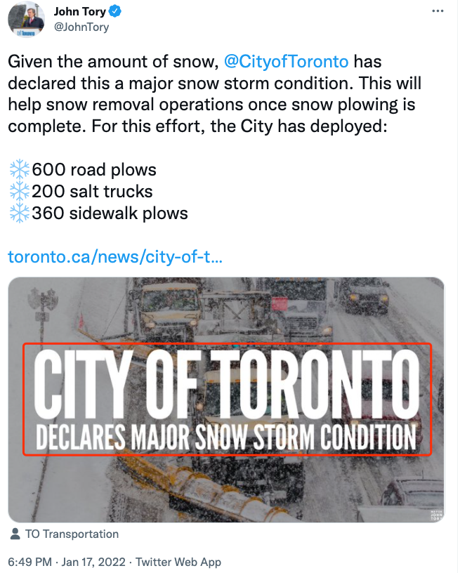 多伦多宣布“重大雪灾状态”，小心罚款$2