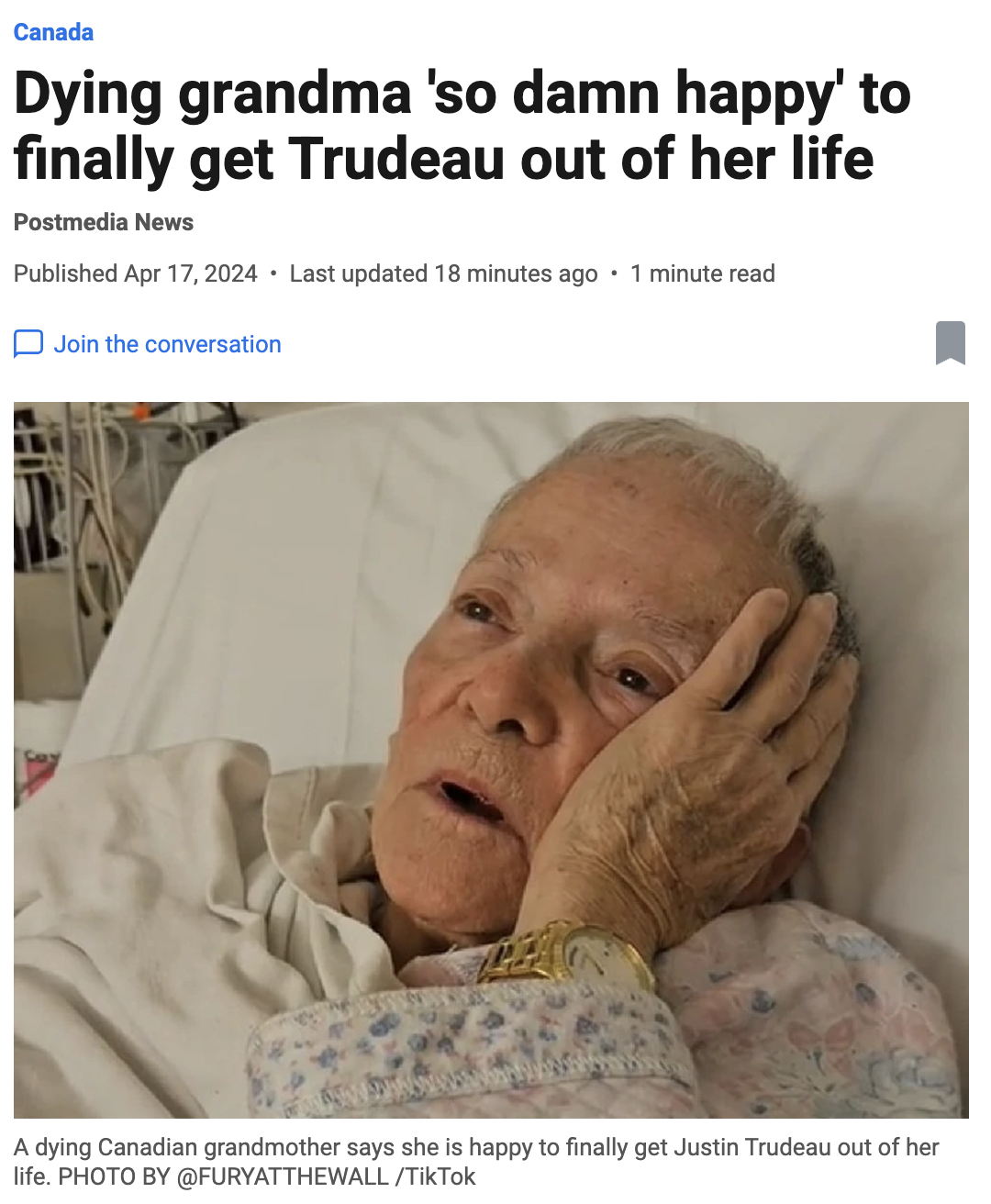 加拿大老奶奶临终前非常高兴，称终于可以